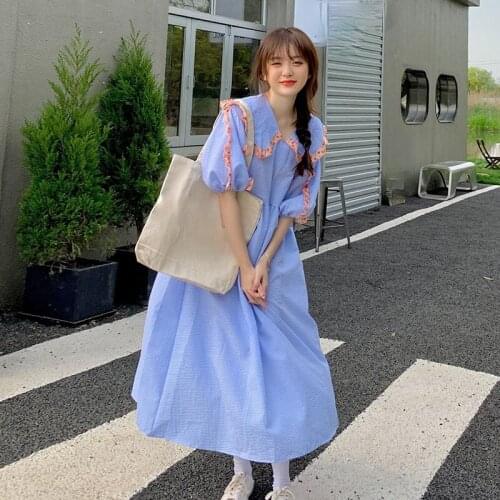 Woman Dress A-LINE Mid Calf Puff Sleeve Korean Vestidos Lady Ruffled Collar Summer New Pullover Female Dresses High Waisted