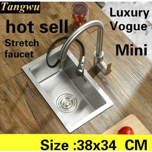 Free shipping Apartment mini balcony kitchen manual sink single trough stretch faucet 304 stainless steel hot sell 380x340 MM