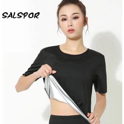 SALSPOR Silver Coated Sweat Sauna T Shirts Women Body Shaper Shape Wear Workout Hot Sweating Tops Breathable T-Shirt Sport