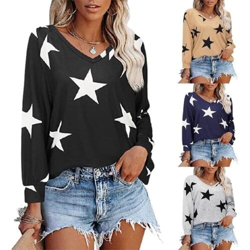 Five-pointed Star Print V Neck Long-sleeved Sweater T Shirt Women Autumn Casual Loose Fashion Plus Size Vintage Shirt Blouse Top