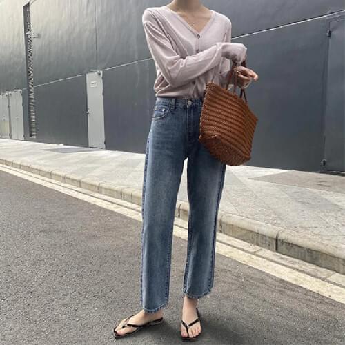 Womens jeans pants denim casual solid color high waist straight jeans