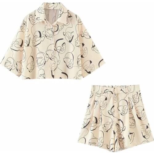 XEASY 2021 Summer Loose Print Short Shirt Women Vintage Lapel Single-Breasted Casual Elastic High Waist Pants Shorts Set