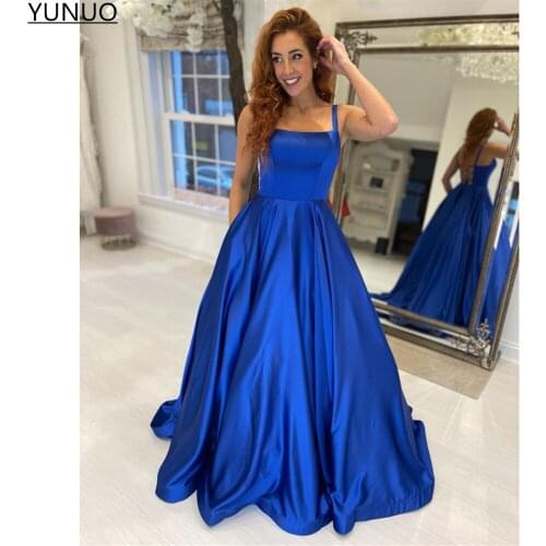 YUNUO Sleeveless Elegant Satin Maxi Dress Womens Evening Party Gown robes de soirée Royal Blue Pocket Long Prom Homecoming Dress