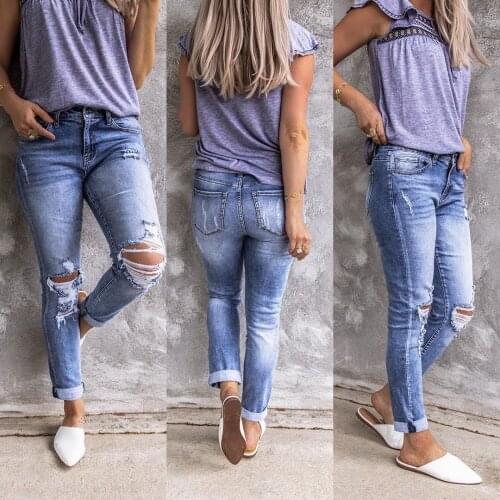 Women Slim Fit Denim Jeans Fashion Ripped Vintage Solid High-waist Straight Denim Ladies Skinny Trousers