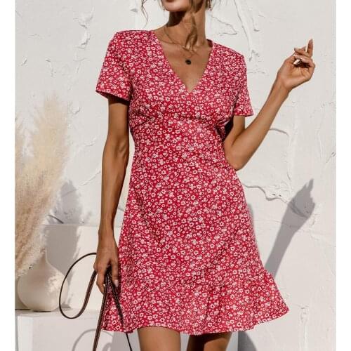 Women Mini Dress Floral Print V Neck Short Sleeve Summer France Cake Dresses Ruffles Splice Boho Ladies 2021 New Dropshpping