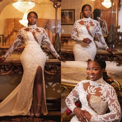 Plus Size Mermaid Wedding Dresses Bridal Gowns High Neck Lace Appliqued Beaded Side Split Long Sleeve Custom Made vestido