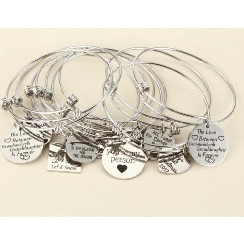10pcs Random Charms Bracelet with Plate/Heart Adjustable Extendable Bangle Hand imprint Positive Inspirational Quote Cuff Bangle
