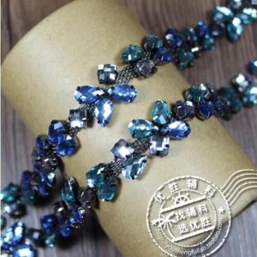 2Yards Crystal Leaves Rhinestone Chain Ribbon Sew On Trims For DIY Crafts Wedding Decoration Sewing Applique Blue