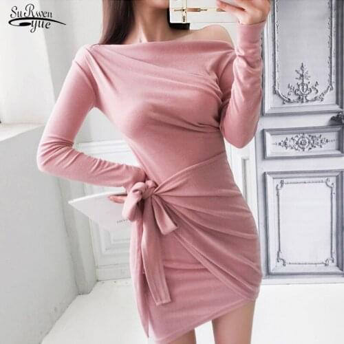 2021 Spring Autumn Korea Knitted Dress Women Sexy Slash Neck Off Shoulder Dress Solid High Waist Mini Dress Robe Femme 13068