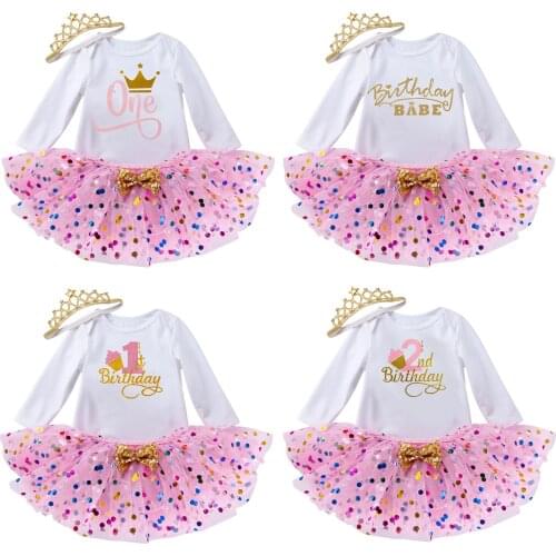 3pcs 0-24M BirthDay Princess Infant Toddler Baby Girl Dress Long Sleeve Romper & Colorful Dots Skirt Suit-Pink Kids Clothes