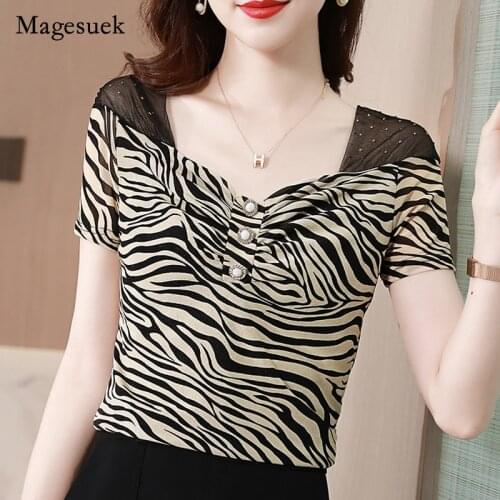 V-neck Leopard Gauze Square Neck Blouse for Women 2021 Summer Diamond Encrusted T-shirt Office Lady Elegant Slim Top Blusa 15790