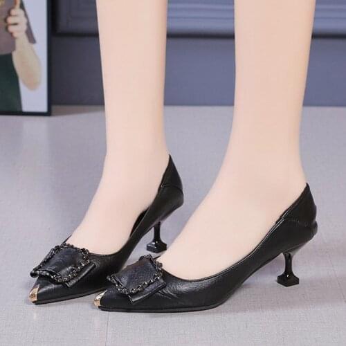 Large Size 35-42 Women Pumps High Heels Gold Pointed Toe Ol Office Female Shoes Black Boat Shoes Shallow Metal Dress Shoes 8881G