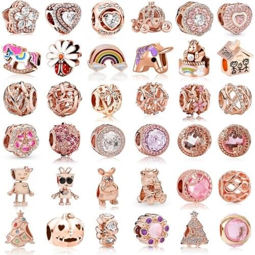 2021 Rose Gold Ladybird Rainbow Unicorn Robot Bear Big Hole Beads Fit Original Pandora Charms Bracelet DIY Women Jewelry Gifts