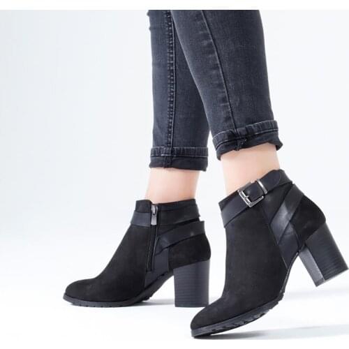 Callizio Women Genuine Leather Boots Winter Ankle High Block Heels Round Toe Zipper Buckle Strap Handmade Luxury Big Size 9 Lady Female Black Brown Designer Sexy Elegant Formal Party Natural Ankle Boot Shoes for woman