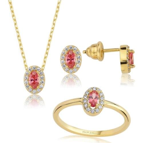Valori Jewels 1 Carat, Zirconia Pink And White Oval Gemstone, Gold Plated, Sterling Silver Trio Set