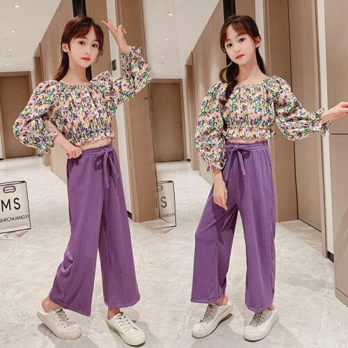 2021 Spring New Girl Clothes Small Floral Top + Crumpled Wide Leg Two Piece Set Roupa Menina Meisjes Kleding