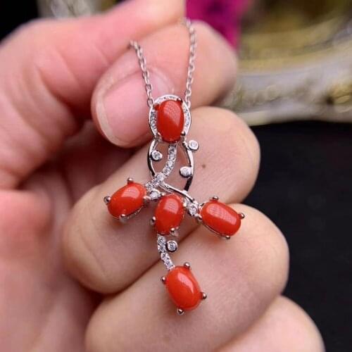 Natural red coral gem Pendant natural gemstone pendant necklace S925 silver Fashion geometry Leaf Women girl gift fine jewelery