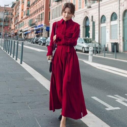LANMREM Long-sleeved Red Dress For Women Lapel Bandage Dresses With Pockets 2021 Autumn Female Elegant Streetwear Clothing 2W160