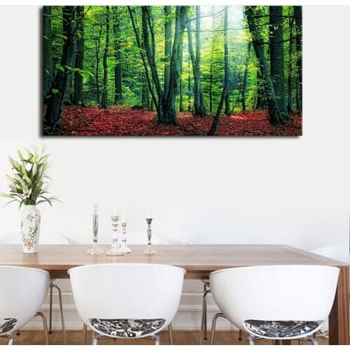 Forest Wall Art Living Room Decoration Large Canvas Wall Art Green Trees Red Fallen Leaves Landscape Foliage Woods Drop shipping