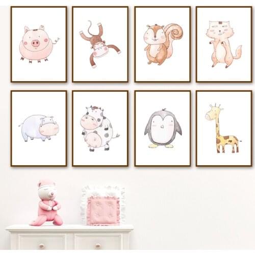 Cute Monkey Pine Tree Giraffe Penguin Cow Pig Wall Art Canvas Painting Nordic Posters And Prints Wall Pictures Kids Room Decor