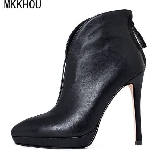 MKKHOU Fashion Short Boots Womens New Leather Temperament Black Pointed Toe Stiletto Platform Boots Ladies Commuter Ankle Boots