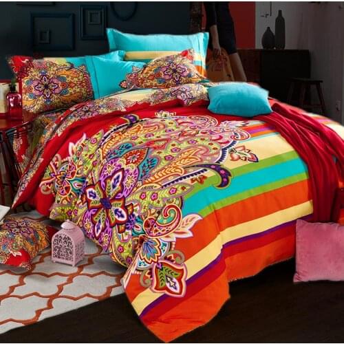 New orange blue 100% Cotton Sanding Printed Flower Bedding Set Luxury Royal Bed Sheet set Duvet Cover Pillowcase Queen King 4pcs
