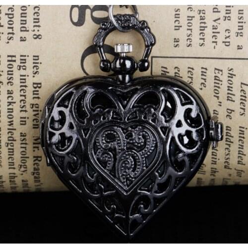 Steampunk New Fashion Black Hollow Carving Heart Shape Quartz Pocket Watches with Fob Chain For Gift Drop Shipping CF1067