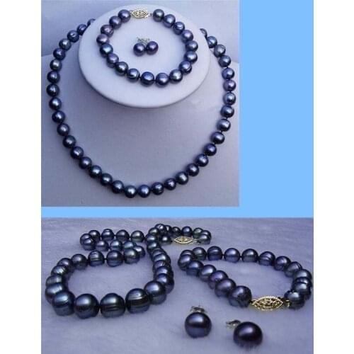 8-9mm black Akoya Cultured Pearl necklace/bracelet/earrings set 18"A