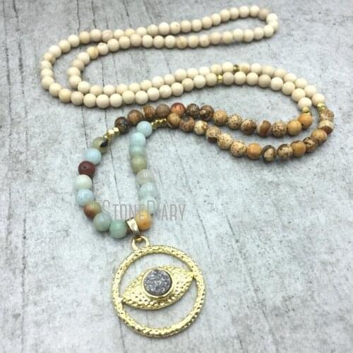 5Pcs Color Irregular Surface Circle Necklace Creamy River Stone Necklace Picture Jaspers Amazonite Clearance 32inch NM4842