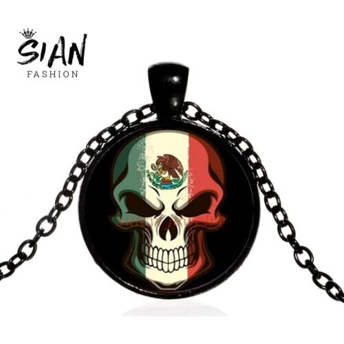 SIAN Mexican Style Skull Statement Necklace Mexican Flag Painting Glass Gem Long Necklace Halloween Gift Day of the Dead Jewelry