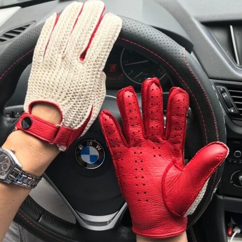 NEW Fashion Men Goatskin Gloves Knitted + Leather Gloves Male Breathable Unlined Locomotive Driving Gloves Man Leather Gloves