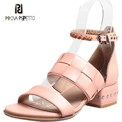Summer 2021 new first layer cowhide color matching woven mid-heel rivet buckle open toe Roman sandals