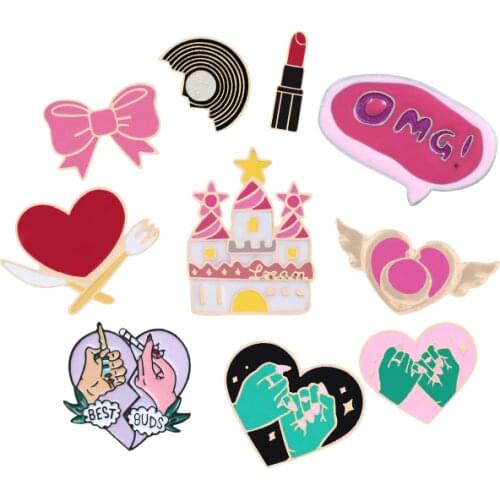 Cute enamel pin Kawaii Brooches Cup Heart Wing Semicircular Hemisphere Pizza OMG Sweater Jackets Shirt Badge jewelry women gift