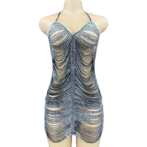 Rhinestones Striped Decoration Halter Backless Performance Dress Hook Flower Hollow Sleeveless Party Sexy Evening Costume