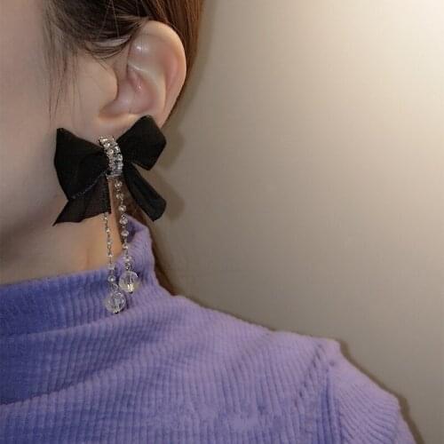 TIMEONLY Hyperbole Black Color Bowknot Dangle Earring Shiny Crystal Long Tassel Earring for Women Femme Anniversary Jewelery