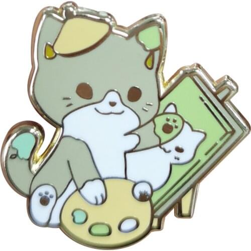 Adorable artist cat enamel pin painting palette jewelry
