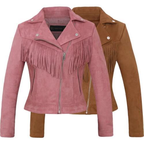 Women New Long Sleeve Back Tassels Long Leather Tassels Jacket The Misfit Fringe Color Brown Slim Boyfriend Style PU Jacket Coat