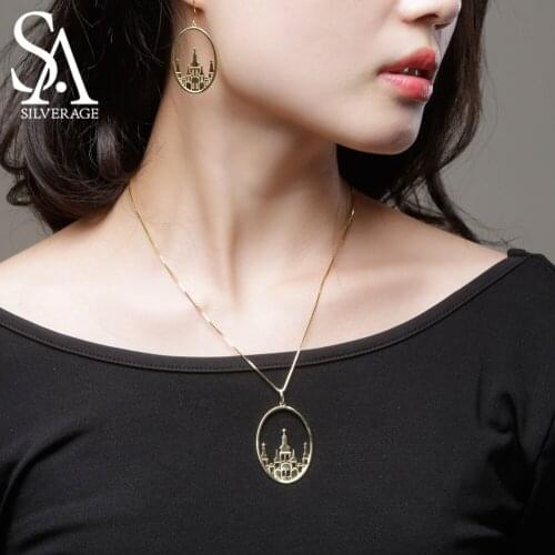 SA SILVERAGE 925 Sterling Silver Oval Pendant Necklaces Drop Earrings Jewelry Sets for Woman Gold Color Silver Jewelry Sets