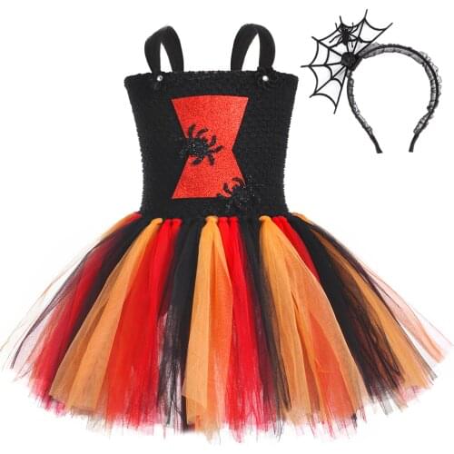 Girls Halloween Cosplay Poisonous Widow Spider Costume Kids Tutu Dresses for Girls Carnival Masquerade Party Witch Dress Up 1-14