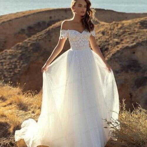 New Boho Wedding Dress Sweetheart Floor Length Bohemian Bridal Gown Short Sleeve Lace Appliques Robe De Marie Women Beach Simple