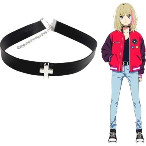 Anime Wonder Egg Priority Kawai Rika Cosplay Necklace Women Girls Roll Hip-hop Leather Cross Choker Halloween Carnival Props
