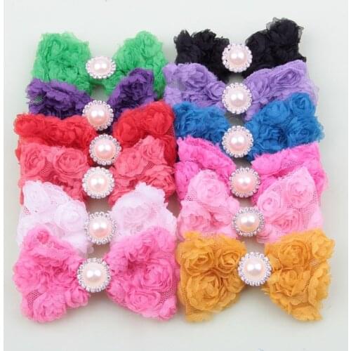 Yundfly 3.2" 5pcs Lace Chiffon Rose Hair Bows with Pearl Rhinestone Center For Girls Women DIY Headwear Hair Accessories