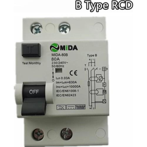 2Pole Type B RCCB 10KA 30mA 40A 63A 80A B Type RCD Circuit Breaker EV Charger Station
