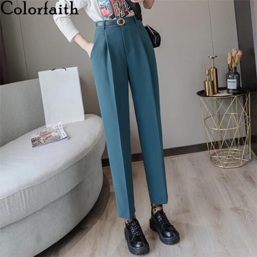 Colorfaith New 2021 Winter Spring Women Pants High Waist Loose Formal Elegant Office Lady Ankle-Length With Belt Pants P7223