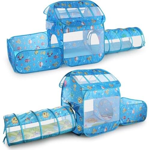 Ocean Printing Two-In-One Game House Tunnel Tent Childrens Indoor Crawling Folding Cast Basketball Pool Toy Gift For Baby Hot
