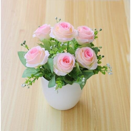 15x20cm Artificial Roses Flower Potted Bonsai Home Living Room Office Desktop Ornament Fake Flowers Bonsai Wedding Party Decor