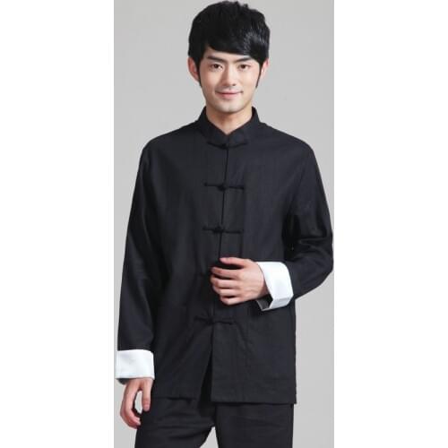 Chinese Wing Chun Kung Fu Uniform Martial Arts Tai Chi Tops Bruce Lee Vintage Black Color Cotton Linen Shirts For Men