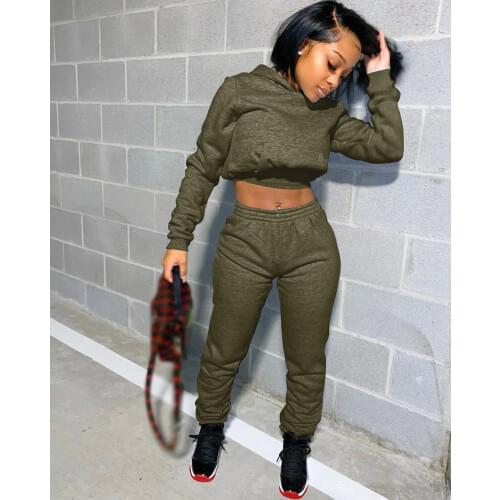 Autumn Spring Solid Color Two Pieces Running Sets Womens Tracksuit Long Sleeve Hoodies Crop Top+Sweatpants Workout Fitness Sets