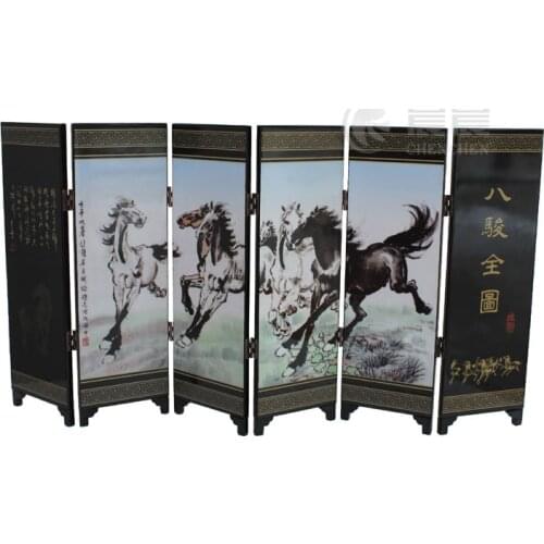 Mini ) Exquisite Chinese Classical Lacquer Painting Decorative Eight Horses Folding Screen