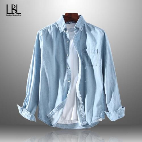 Mens Long-Sleeved Solid Denim Shirt Fashion Brand Classic Retro Denim Pocket Decoration Business Shirt Spring Autumn Cotton Top